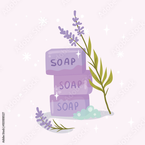 Lavender soothing handmade soap with lavender flowers and foam. Vector illustration
