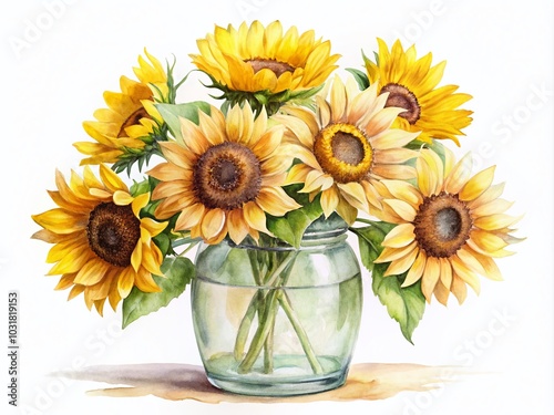 Watercolor Sunflower Bouquet in Glass Jar - Mother's Day and Birthday Greeting Card Template