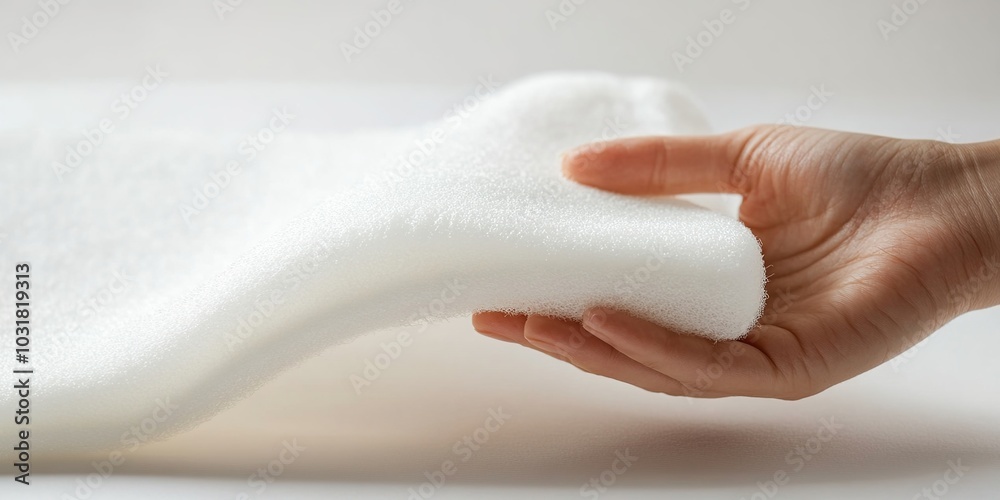 Naklejka premium Abstract Product Showcase with a Close-Up of a Hand Holding White Foam Against a Softly Lit White Background, Emphasizing Innovative Design, Ideal for Advertising and Marketing Purposes, Enhanced by 