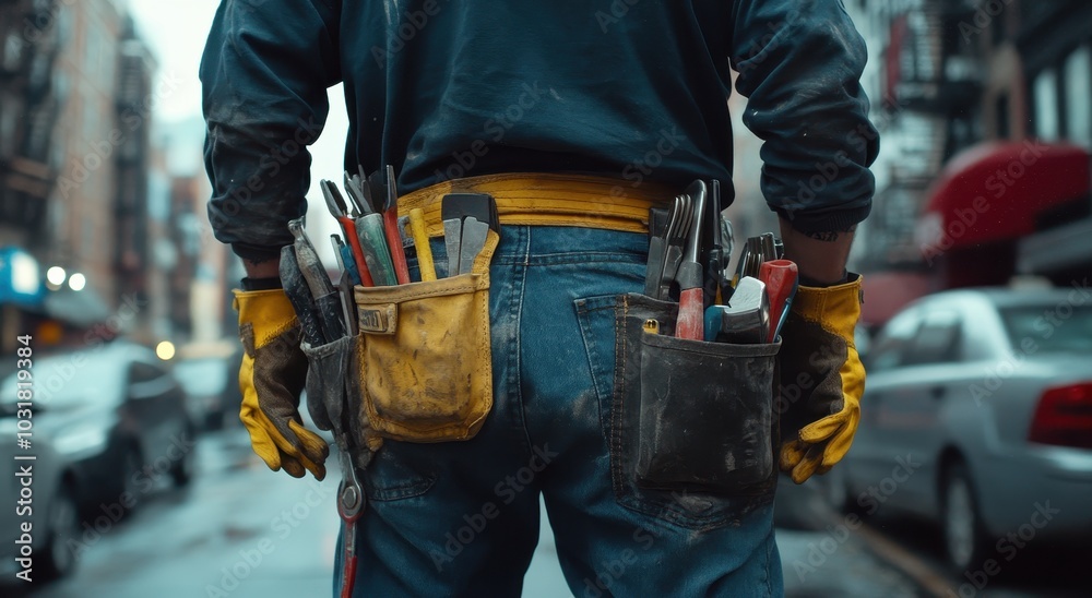 A close-up of the back view showing a worker wearing work gloves and holding tools in his tool belt, on a city street A close-up of the back view showing a worker wearing work gloves and holding tools in his tool belt, on a city street