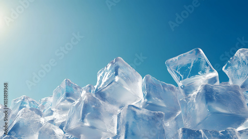 Ice Castle Serenity, a minimalist design featuring clear ice cubes forming a castle against a blue sky, embodying freshness and elegance.