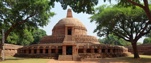 Sanchi Stupa in Madhya Pradesh: The ancient Sanchi Stupa, one of the oldest stone structures in India, with its beautifully carved gateways (toranas). photo