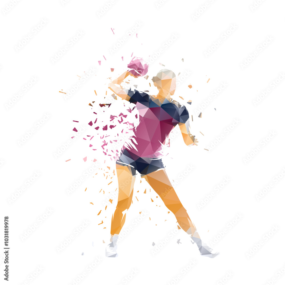 Handball women, female low poly handball player, isolated geometric vector illustration