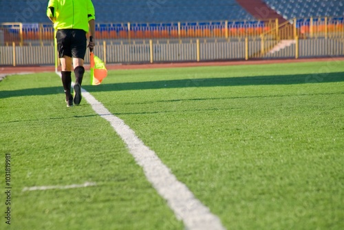 STADIUM - Football field with goal and tablo on blue sky photo