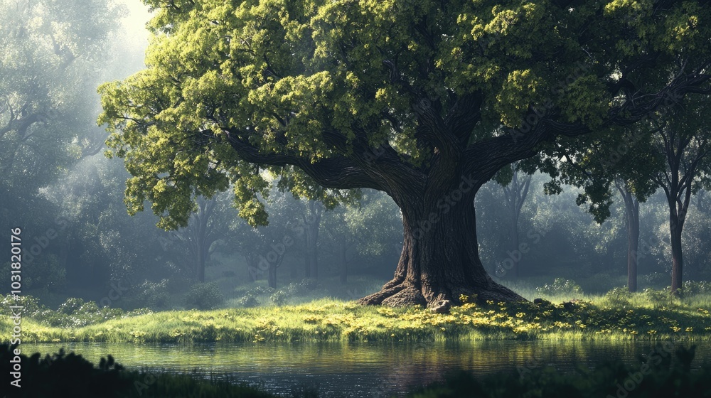 Majestic Tree by Serene Water in Lush Green Landscape Majestic Tree by Serene Water in Lush Green Landscape