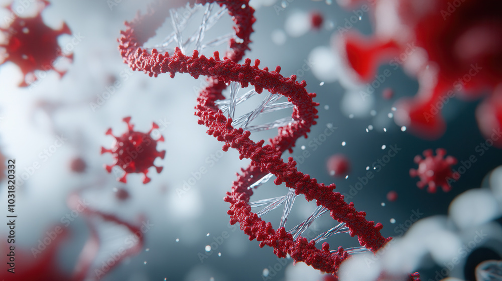Close up of 3D DNA strands intertwining with virus particles, showcasing intricate relationship between genetics and pathogens. This evokes sense of scientific exploration and discovery Close up of 3D DNA strands intertwining with virus particles, showcasing intricate relationship between genetics and pathogens. This evokes sense of scientific exploration and discovery