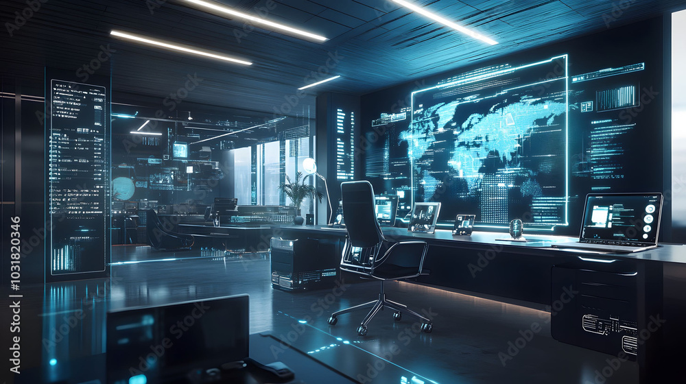 Futuristic Office with Advanced Technology, Sleek Digital Interfaces, Innovative Workspace Design, High-Tech Atmosphere, Modern Aesthetic