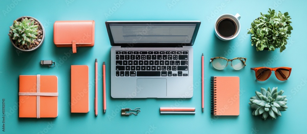 Flat lay of laptop, notebooks, pencils, succulents, sunglasses, and coffee cup on a blue background. Flat lay of laptop, notebooks, pencils, succulents, sunglasses, and coffee cup on a blue background.