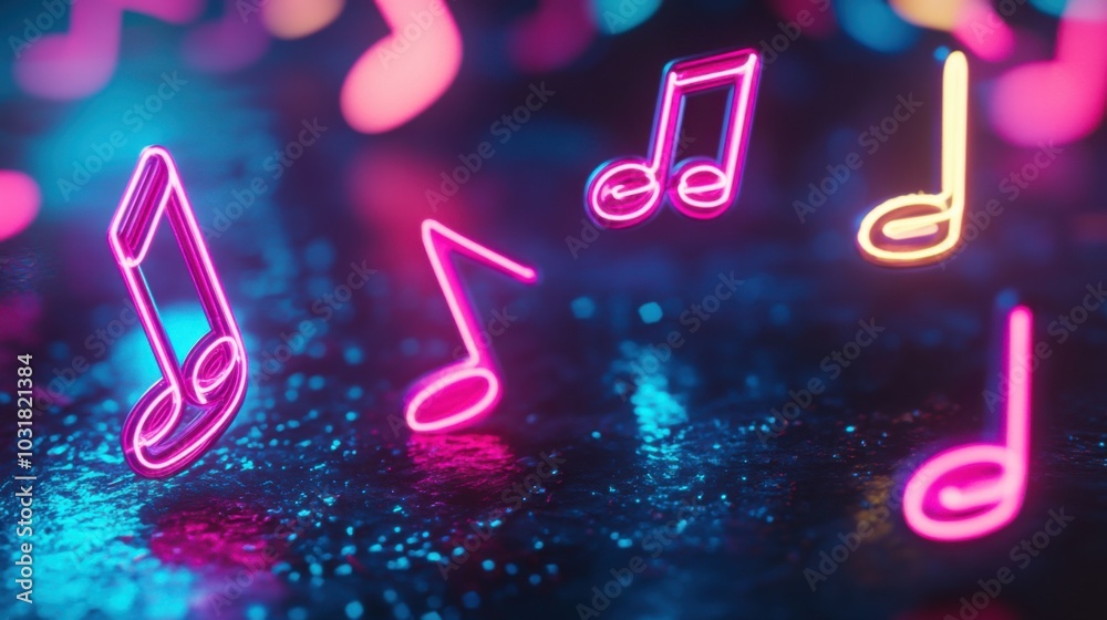 Vibrant Neon Musical Notes on a Dark Surface Vibrant Neon Musical Notes on a Dark Surface