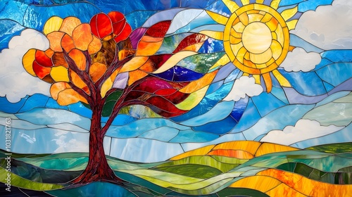Wallpaper Mural Colorful stained glass painting of an oak tree swaying in the wind, with a vibrant sunrise and a beautiful landscape Torontodigital.ca