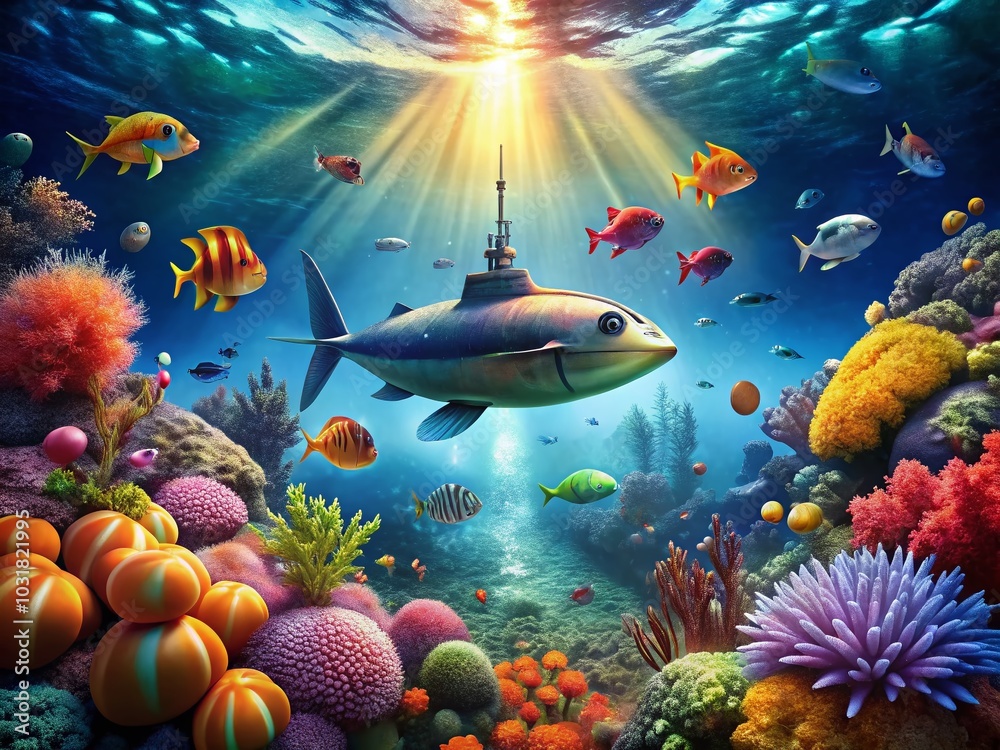 Fototapeta premium Whimsical Green Submarine Surrounded by Playful Sea Life - Candid Photography Delight