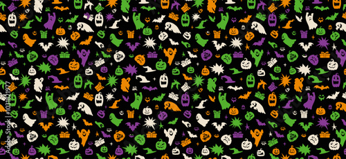 Seamless background Halloween with hand draw bats and pumpkin. Vector seamless pattern Halloween. Template for textile fabric design, website wallpapers, textile, wallpaper, apparel, wrapping paper.