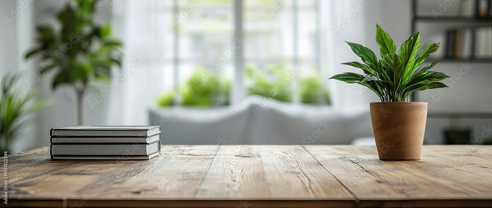 Blurred empty table with books and a potted plant on a wooden surface in a modern living room Blurred empty table with books and a potted plant on a wooden surface in a modern living room