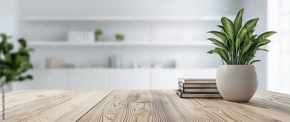 Blurred empty table with books and a potted plant on a wooden surface in a modern living room Blurred empty table with books and a potted plant on a wooden surface in a modern living room