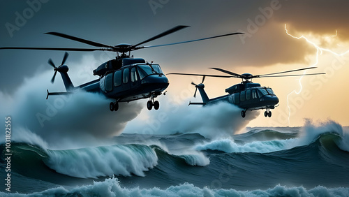 Two Rescue Helicopter in Mountainous Terrain, helicopter in the sky, A rescue helicopter hovering above a turbulent ocean. photo