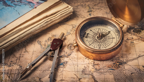 Cartography and map making, featuring elements like maps, compasses, and cartographic tools, symbolizing map creation, geographic information, and navigation. photo