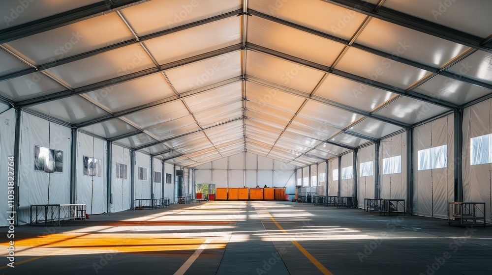 Spacious and Versatile: A clean and modern industrial tent structure with a high ceiling and ample space for various uses. Spacious and Versatile: A clean and modern industrial tent structure with a high ceiling and ample space for various uses.