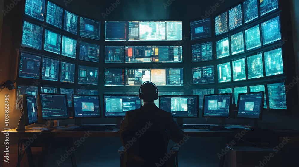 Cybersecurity Analyst Overseeing Threats on Multiple Displays, Engaged in Real-time Monitoring, High-tech Workspace, Focused Environment Cybersecurity Analyst Overseeing Threats on Multiple Displays, Engaged in Real-time Monitoring, High-tech Workspace, Focused Environment