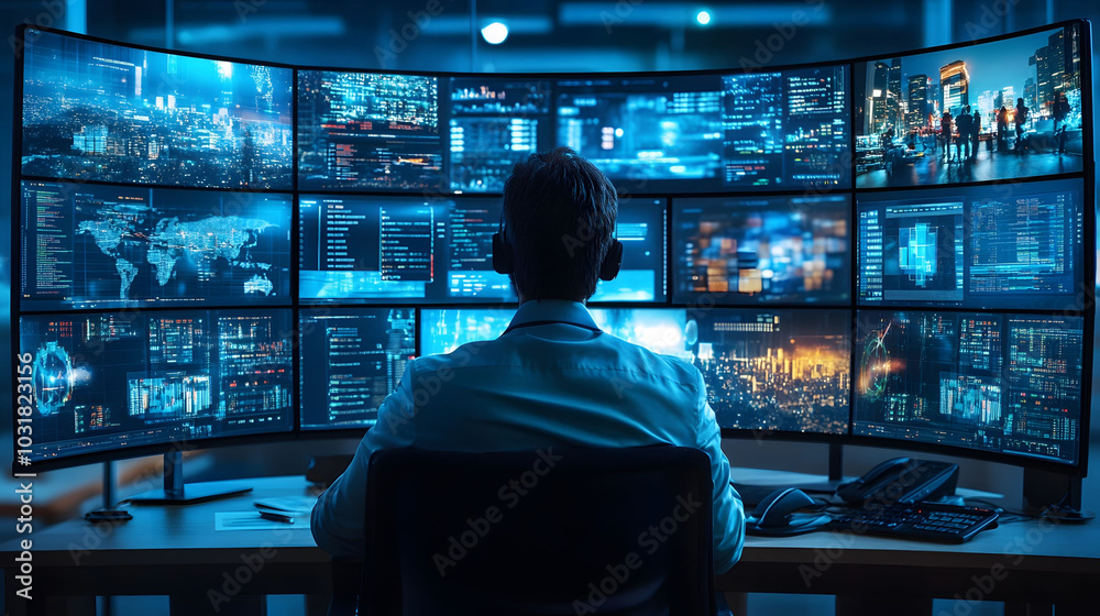 Virtual meeting environment, professional engaged with multiple screens and devices, dynamic workspace, technology integration, collaborative atmosphere Virtual meeting environment, professional engaged with multiple screens and devices, dynamic workspace, technology integration, collaborative atmosphere