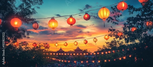 Red lanterns strung between trees with a vibrant sunset and a blurred crowd of people.