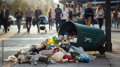 City streets drowning in waste, urgent global garbage crisis, Overflowing containers beg for action, urben street with waste garbage. photo