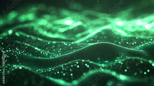 Dynamic green light rays and data points in motion, evoking a futuristic cyber technology atmosphere.