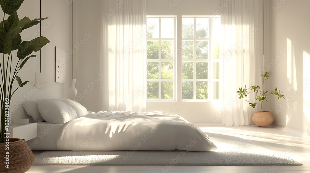 Fototapeta premium Elegant and Cozy Modern Bedroom Interior Design with Stylish Decor, mockup, poster and Background