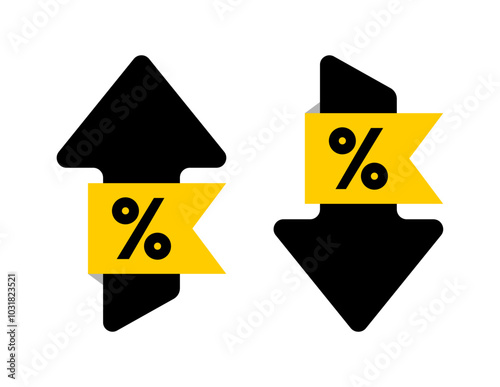 Percent arrow up and down with yellow ribbon flat style for icon, symbol, percentage growth, decline, logo, label, insigna, seal, tag, sign, seal, badge, stamp, sticker. Vector Illustration