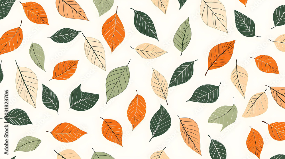 Autumn Leaf Harmony, seamless pattern featuring vibrant orange and green leaves on a soft backdrop, elegant line art design for seasonal themes Autumn Leaf Harmony, seamless pattern featuring vibrant orange and green leaves on a soft backdrop, elegant line art design for seasonal themes