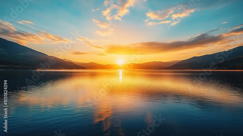 Serene Sunset Over Calm Lake Landscape