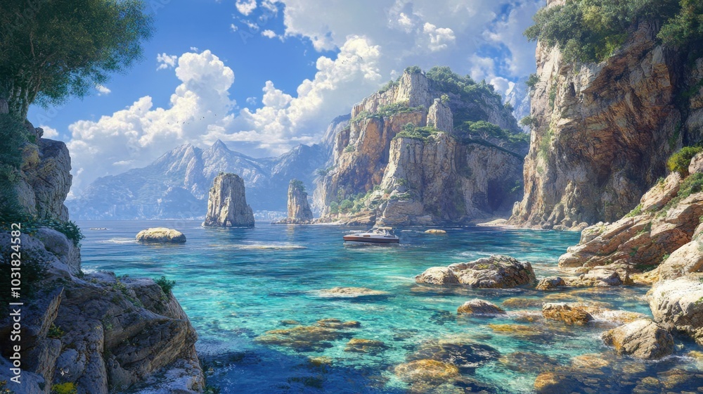 A beautiful coastal landscape with cliffs towering over the sea, with detailed rocks and clear waters below. A beautiful coastal landscape with cliffs towering over the sea, with detailed rocks and clear waters below.