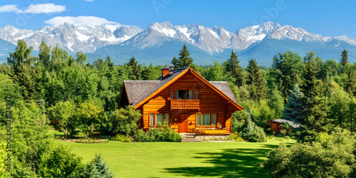 Aerial view of a remote cabin in the mountains, surrounded by dense forests and snow-capped peaks.