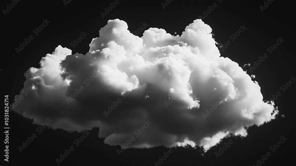 High-Contrast Black and White Image of Fluffy Cloud Against Solid Black Background High-Contrast Black and White Image of Fluffy Cloud Against Solid Black Background
