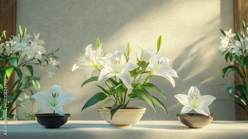 Elegant White Lilies in Serene Indoor Setting Elegant White Lilies in Serene Indoor Setting