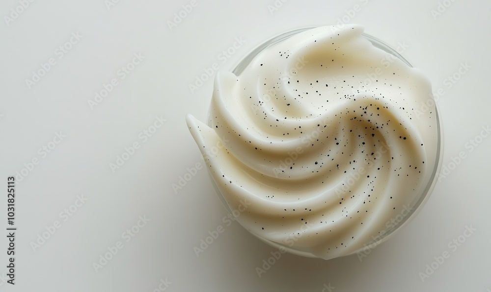 Abstract Representation of an Eco-Friendly Body Scrub Product Featuring a Creamy Smooth Texture with Fine Black Specks, Centered on the Right Side Against a White Background, Highlighting Its Natural Abstract Representation of an Eco-Friendly Body Scrub Product Featuring a Creamy Smooth Texture with Fine Black Specks, Centered on the Right Side Against a White Background, Highlighting Its Natural