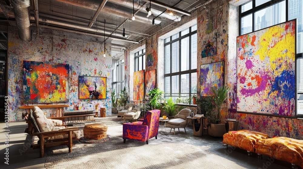 Obraz premium A lively artist's loft filled with vibrant paint splatters