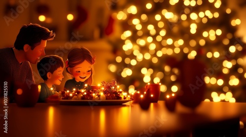 A family of three gathers around a table lit by twinkling lights, sharing a festive meal in a warm and inviting kitchen. The image conveys love, togetherness, and the joy of the holiday season.