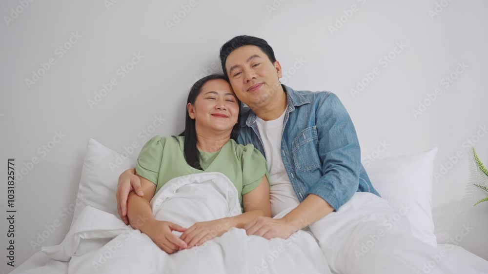 Asian mature couple sitting on bed after wake up together in house. Asian mature couple sitting on bed after wake up together in house.