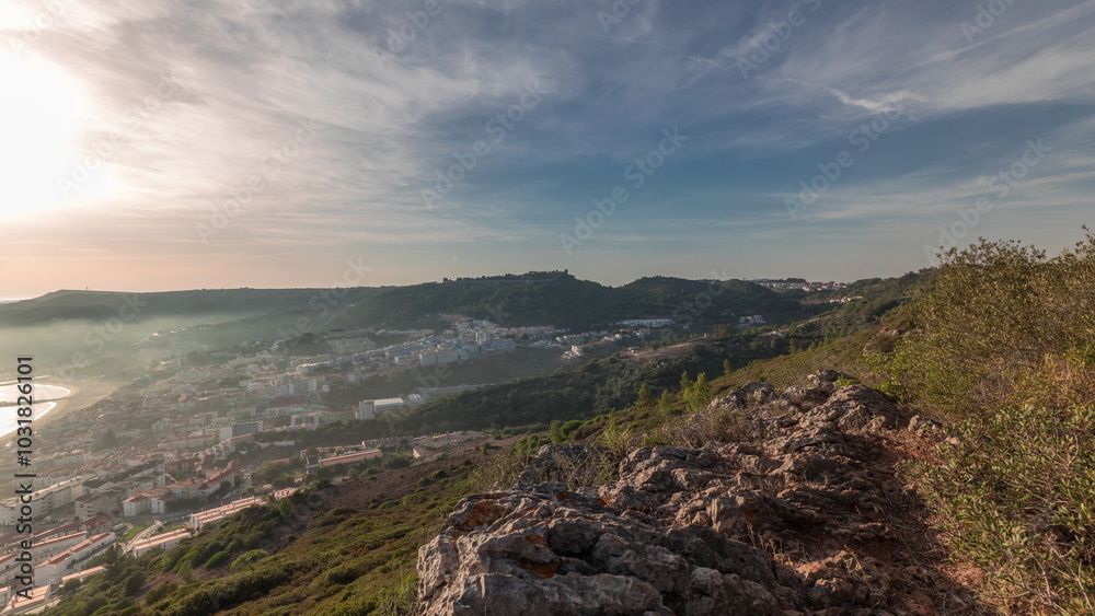 Panorama showing aerial View of Sesimbra Town and Port covered by fog timelapse, Portugal. Panorama showing aerial View of Sesimbra Town and Port covered by fog timelapse, Portugal.