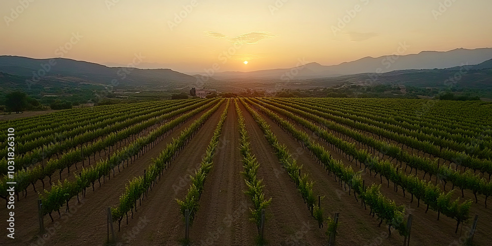 Aerial view of a vineyard at sunset, with rows of grapevines glowing in the golden light and the mountains in the distance. Aerial view of a vineyard at sunset, with rows of grapevines glowing in the golden light and the mountains in the distance.