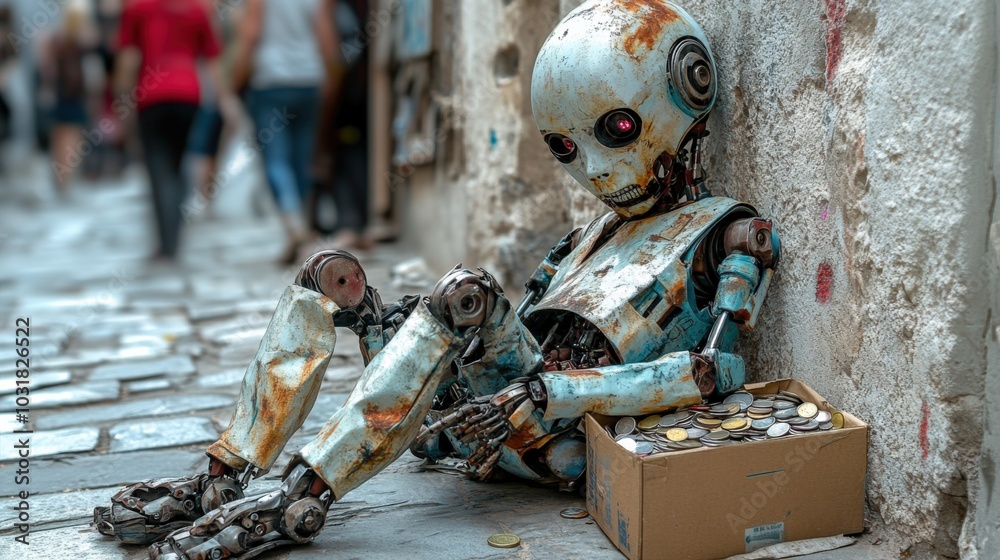Robot with a Cardboard Box on the Streets Robot with a Cardboard Box on the Streets