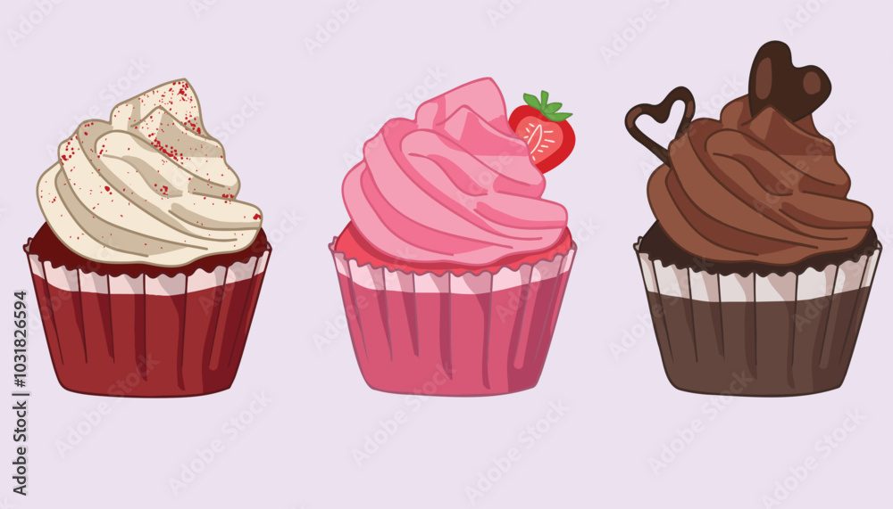 Three Set of Cute Cupcakes. Red Velvet. Strawberry, Chocolate. Vector Drawing. Three Set of Cute Cupcakes. Red Velvet. Strawberry, Chocolate. Vector Drawing.