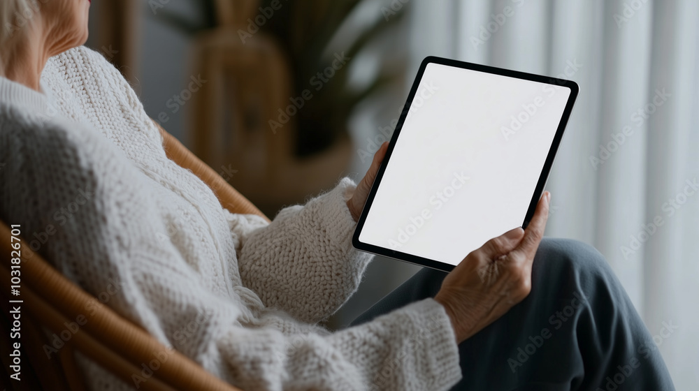 Elderly woman cozy cardigan in rocking chair holding black tablet mockup with white blank screen Elderly woman cozy cardigan in rocking chair holding black tablet mockup with white blank screen