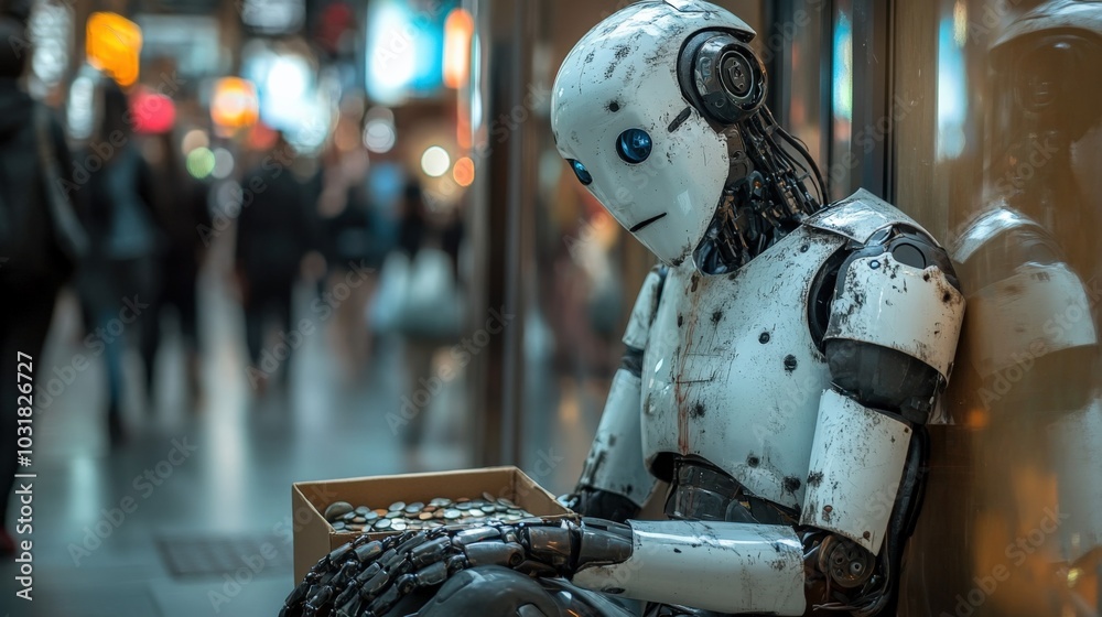 Fototapeta premium Outcast Robot in a Crowded City