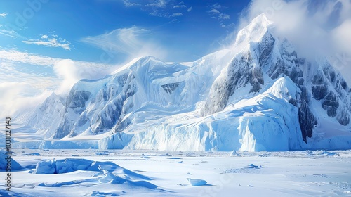 Wallpaper Mural A breathtaking view of a snow-capped mountain range in Antarctica, with a clear blue sky and white clouds. Torontodigital.ca