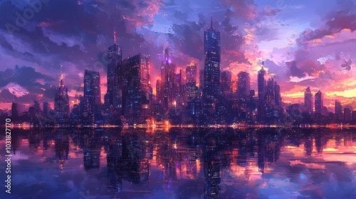 A city skyline glowing with artificial light at dusk, with detailed reflections in water.