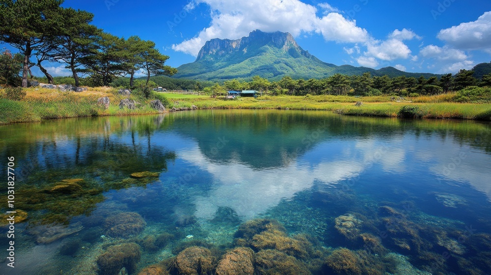 A clear, tranquil lake in Jeju Island reflecting the towering Hallasan volcano. A clear, tranquil lake in Jeju Island reflecting the towering Hallasan volcano.