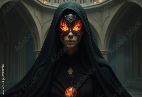 Mysterious, faceless female figure cloaked in a flowing, inky black robe that cascades in shadowy folds