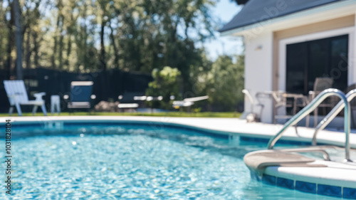 Clear swimming pool with steps under sunlight, surrounded by green nature.