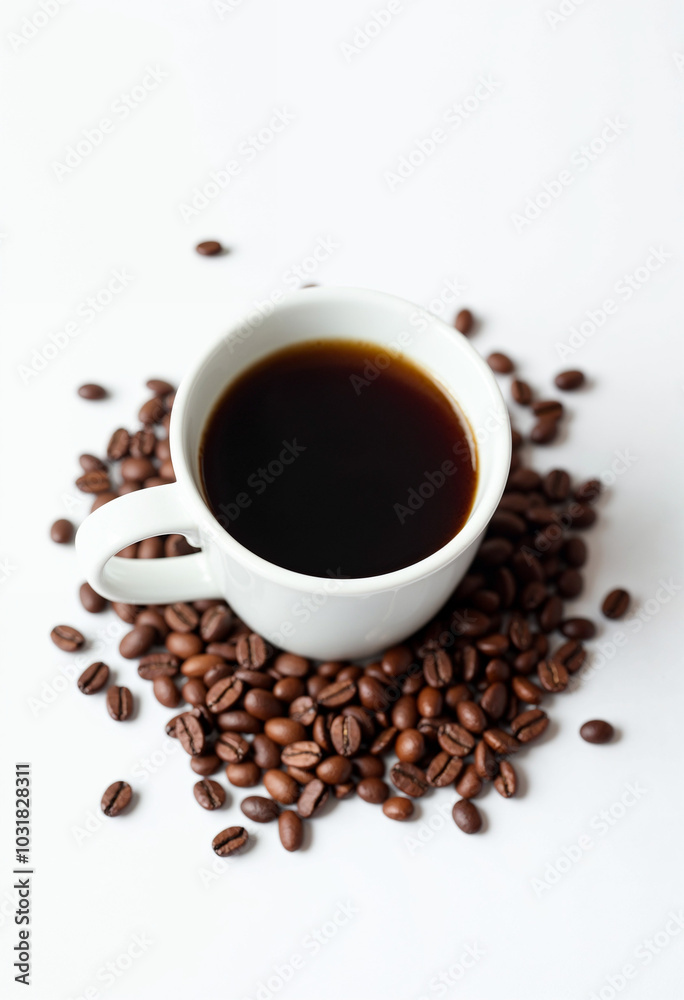 A white ceramic coffee mug filled with dark coffee, surrounded by a scattering of rich, ground coffee beans on a clean, bright white background A white ceramic coffee mug filled with dark coffee, surrounded by a scattering of rich, ground coffee beans on a clean, bright white background